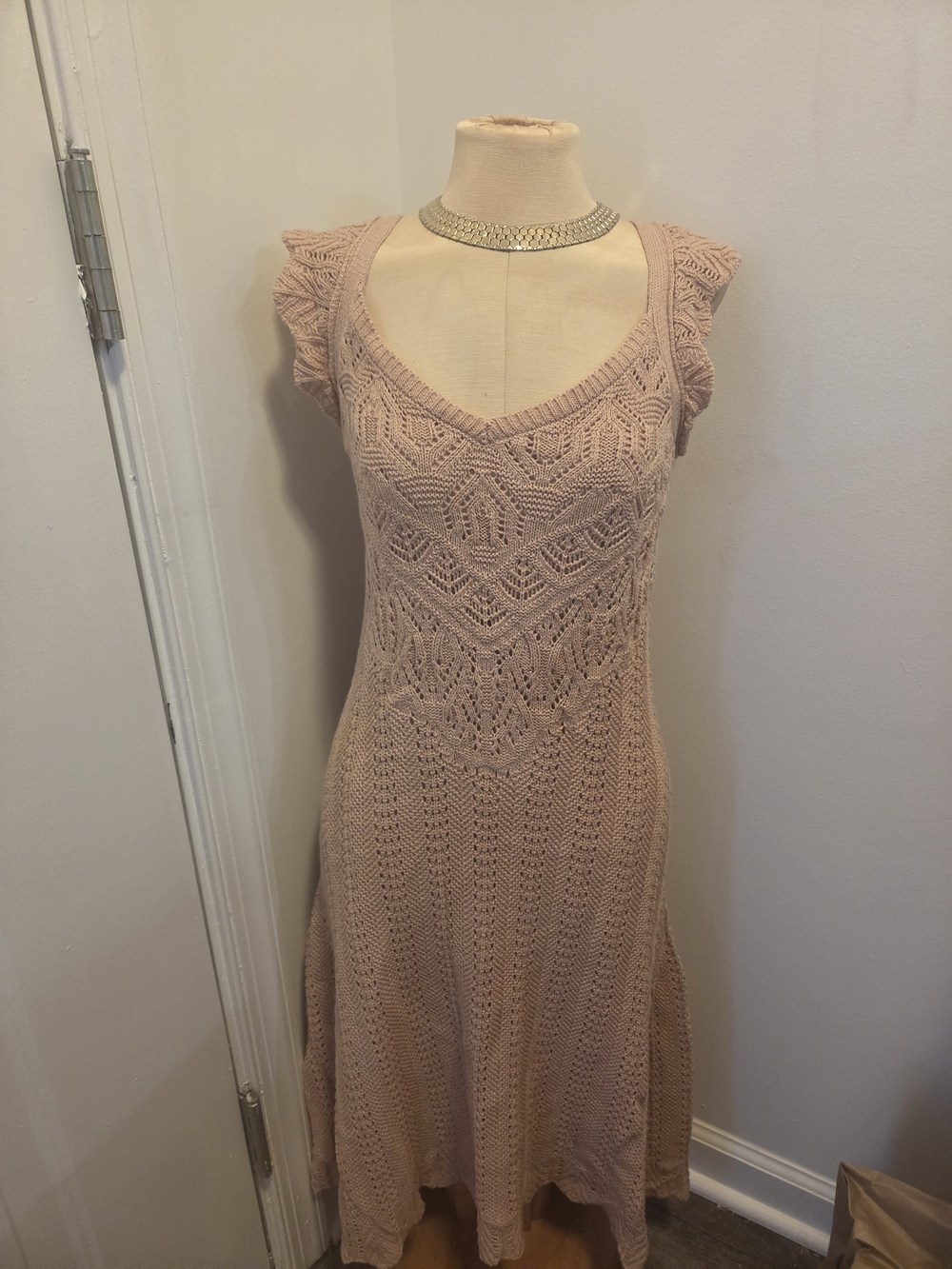 Feminine Crochet Knit LATTE Color Dress